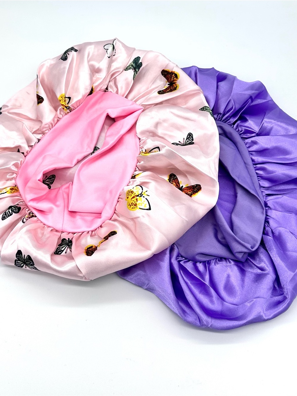 2pc Satin Hair Bonnet Set Pink Butterfly & Purple Silk Sleep Cap Edge Band Wrap
